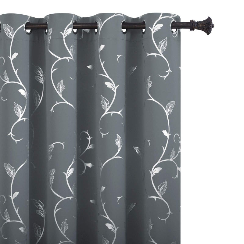 BUHUA Striped Blackout Curtains Grommet Top Wave Vine Pattern Room Darkening Curtains for Patio Door 52Wx84L Light Grey 2 Panels - Image 1